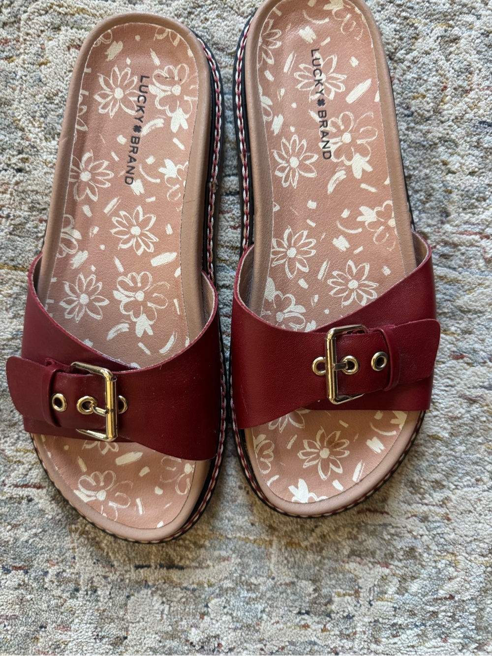 Lucky Brand Burgundy Slide Sandals with Gold Buckles